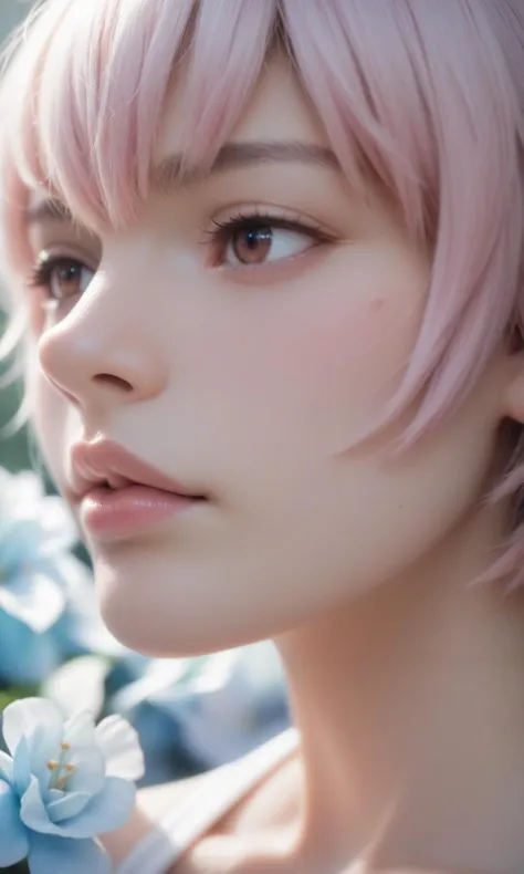 a close up of a woman with pink hair and blue flowers