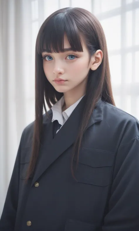 a close up of a woman in a suit and tie posing for a picture