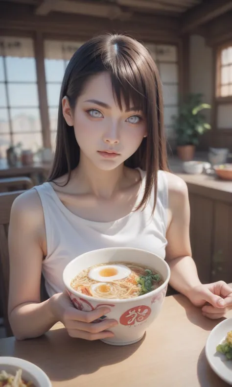 woman holding a bowl of ramen with an egg in it