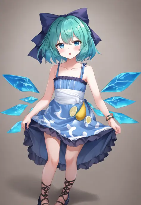 touhou_project cirno shocho_(shaojiujiu) high_resolution very_high_resolution simple_background white_background 1girl alternate_footwear alternative_costume alternative_hairstyle ankle_lace-up aqua_eyes bangs bare_arms bare_shoulders blue_bow blue_eyes bl...