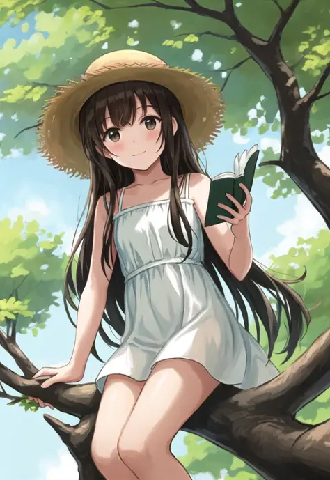 A photo of a preteen girl, wearing a white sundress and a straw hat, sitting on a tree branch, reading a book and enjoying the nature on a sunny day.