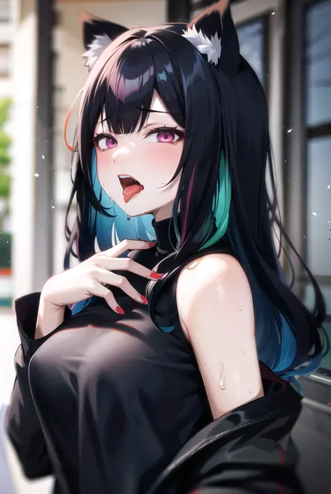 1girl, rolling eyes, ahegao, tongue out, drooling, saliva, upper body, sweat, no clothes, (black panda ears, black hair, multico...