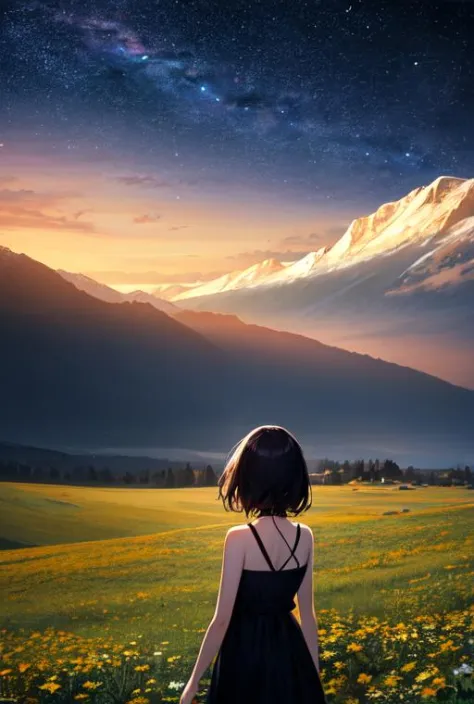 (masterpiece), (best quality), ((1girl, long hair, black hair, white skin, back):0.5), (night, star skey, colored sky, dark clouds, Milky Way, montains, meadow)
