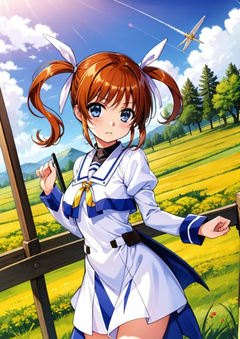 <lora:nanoha-official-art-ver:0.6>,realistic,masterpiece, best quality,8k,photography,good anatomy,1girl,solo,takamachi nanoha,brown hair,blue eyes,twintails,medium  breasts,magical girl,closed mouth,serious face,cowboy shot,straight-on,facing viewer, look...