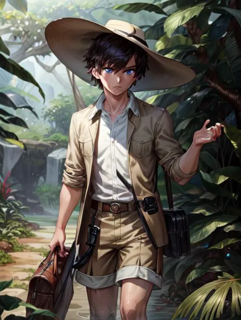 a man in a hat and shorts holding a gun and a bag