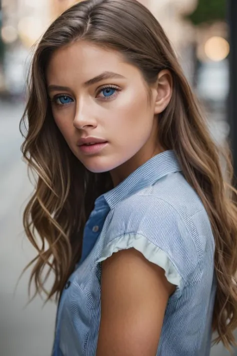 <lora:d0utz3nkr03s:0.9>, a Realistic photo of d0utz3nkr03s woman, 1girl, long hair, breasts, looking at viewer, blue eyes, blonde hair, simple background, brown hair, shirt, upper body, parted lips, teeth, striped, lips, blue shirt, realistic, unbuttoned, ...