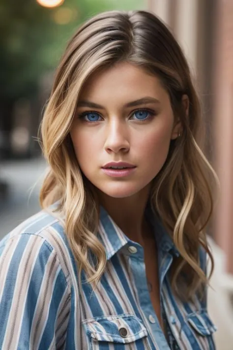 <lora:d0utz3nkr03s:0.9>, a Realistic photo of d0utz3nkr03s woman, 1girl, long hair, breasts, looking at viewer, blue eyes, blonde hair, simple background, brown hair, shirt, upper body, parted lips, teeth, striped, lips, blue shirt, realistic, unbuttoned, ...