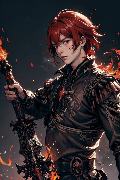 a man with red hair holding a sword and fire