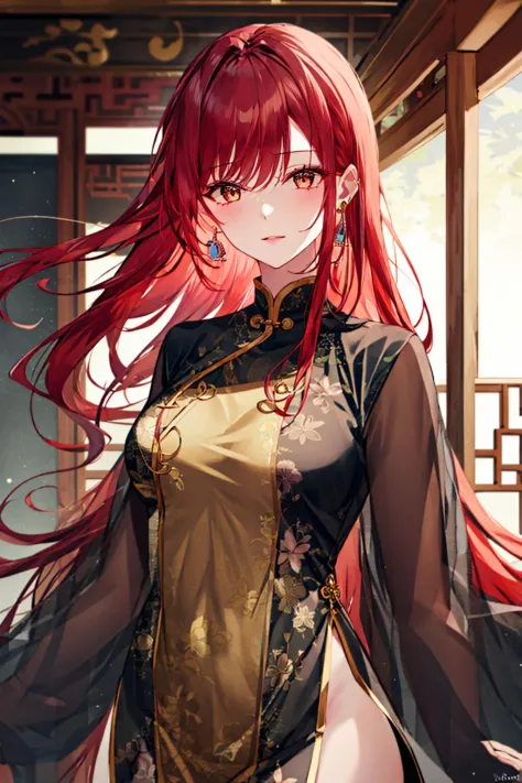 1girl, solo, earrings, bangs, looking_at_viewer, jewelry, upper body,  chinese clothes, red hair,  floating hair, long hair, eas...