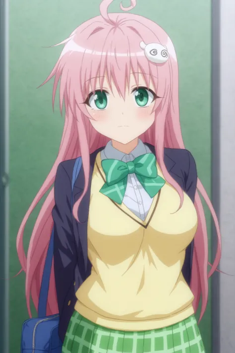 anime girl with pink hair and green eyes in a yellow top