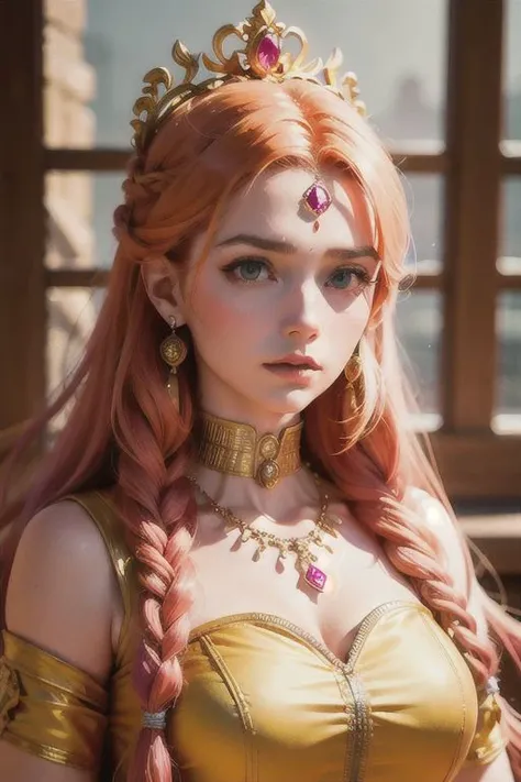 1girl, ((yellow and pink mix ancient outfit)), golden jewelries, shine necklace, glowing diamond jeweleries, ((red hair)), longest hair, high-class, kingdom, queen, palace window, sharp artwork, cinematic ambient lighting,
((perfect eyes)),((beautiful face)),(((best quality, masterpiece))),(((extreme realistic)))