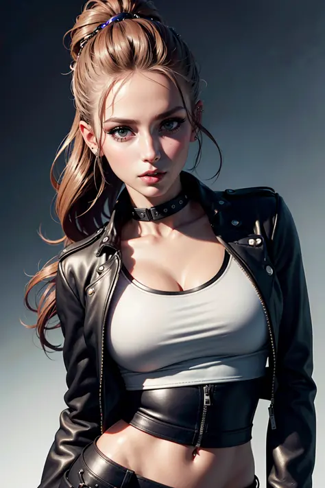An ultra-realistic CG illustration of an american woman with a piercing gaze and bold makeup. She's wearing a leather jacket wit...
