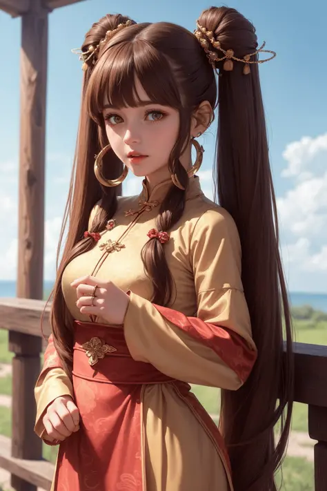 (best quality), (hyperrealistic), mh-yk, 1girl,  solo, brown hair, brown eyes, , long hair, chinese clothes, twintails, outdoor,...