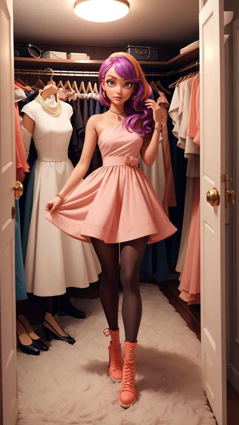 araffe dressed in a pink dress and orange boots standing in a closet