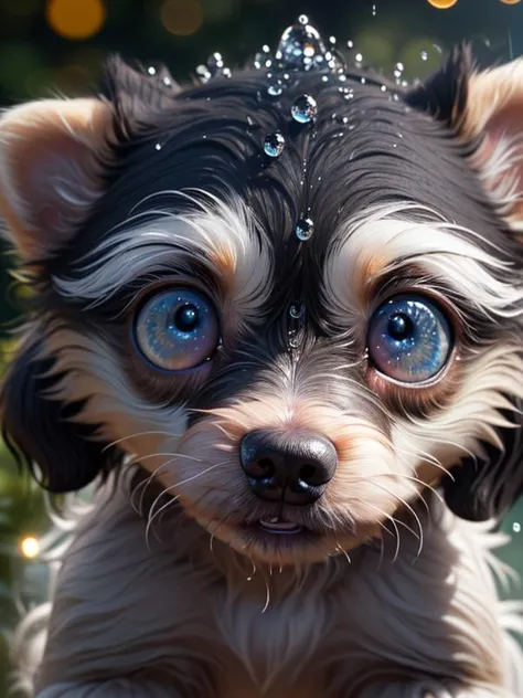 there is a small dog with blue eyes and a water splash