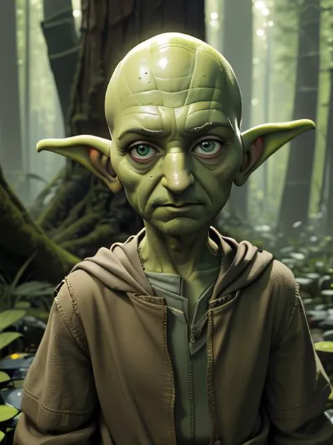 (disney:1.1)(pixar:1.3)(cartoon:1.1)(3D:1.1)
1boy:(Ben Kingsley:1.3) as (Yoda:1.05),(green skin) in a vast wilderness, forest,    
face:(Ben Kingsley:1.5), facial details, 
Photorealistic, Hyperrealistic, analog style, realistic, film photography, background visible, scenic swamp view.