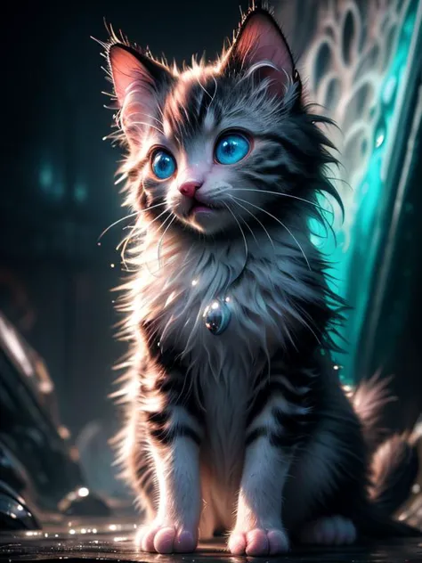 (disney:0. 1), (cartoon:0.1), (pixar:0.4), (3D:1.10),
(UHD:1.1), (detailed background visible:1.2),
close up of (cute:0.70) wet kitten, wet fur,,
 <lora:AbyssalTech:1.00> abyssaltech , dark energy, ethereal, dissolving, see-through, abyss, 
(Style: subsurface scattering, (pui), analog style, realistic, film photography, highres photo, cinematic Lighting, trending on artstation),(Photorealistic:1.2),
(detailed), sharp, HDR, high quality, good resolution, maximalist, masterpiece,