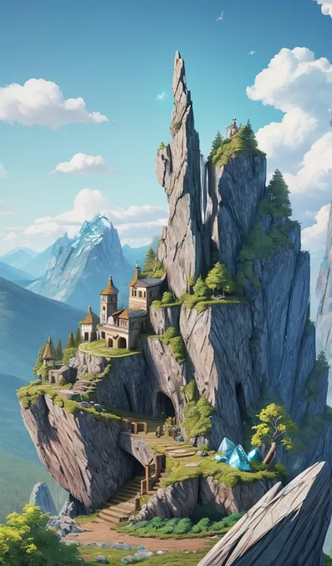 a painting of a castle on a mountain with a sky background