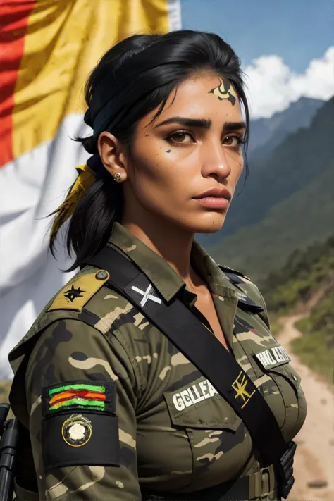 farc female guerilla fighter (colombia): adorned in used camouflage uniforms, bandana, with a worn-out colombian flag patch, wit...