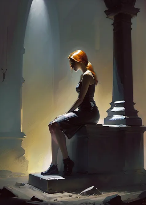 1girl,
beautiful
dutch angle, 
resting against tombstone,
dark
shadow
dramatic lighting 
 light particles,
( by Ben Templesmith Alex Maleev  )