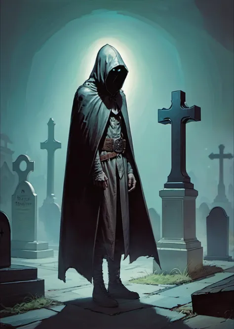 a close up of a person in a hooded cloak standing in a cemetery