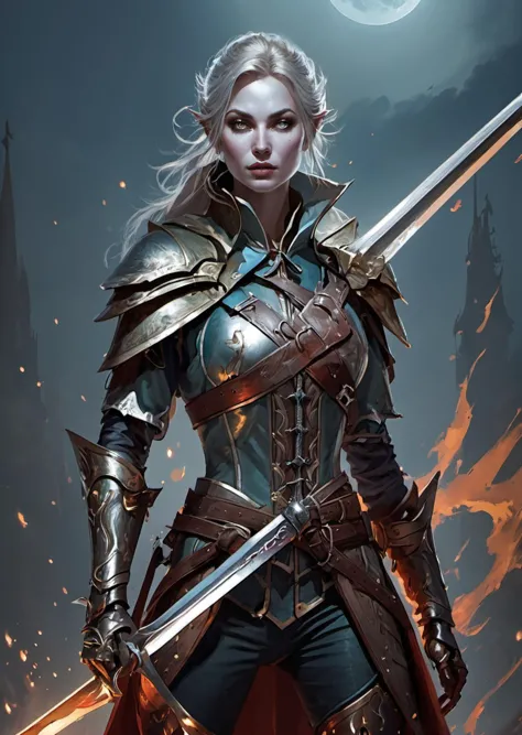 a woman in armor holding a sword and a sword