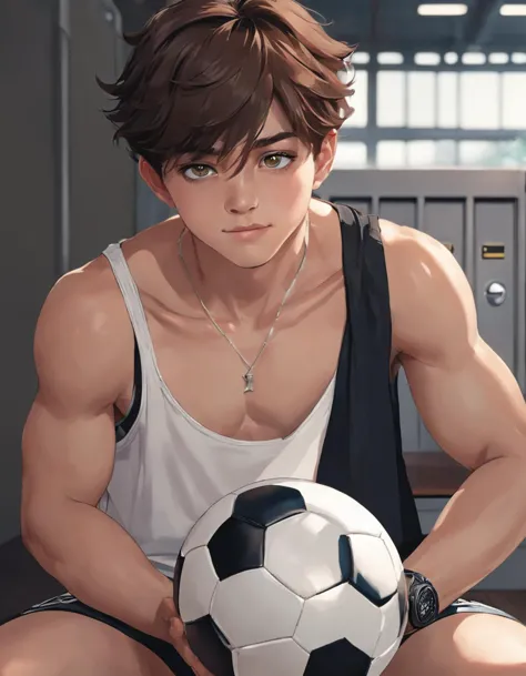 photorealistic image of a young and cute boy, body hair, soccer, detailed skin, huge bulge, (dynamic posture:1.3), (action shot), (clothes scattered),(locker room), (wearing tight white underwear),(side view),(full body:1.2),(athletic shoes:1.2), (undressing),(leaning over bench),  natural looking face, (nervous expression:1.5), soft warm lighting, vibrant, masterpiece, best quality, perfect anatomy, muted colors, dramatic, cinematic, soft light, (muted colors, dim colors, soothing tones), soft light, sharp, realistic skin details, high contrast, (freckles on face), (close up shot of face, detailed eyes)