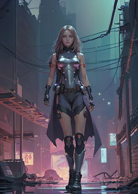 a woman in a futuristic suit walking down a street