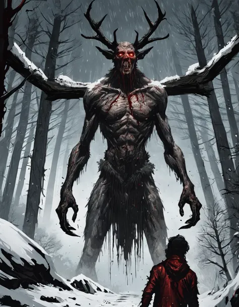 Outdoors, nighttime, terrifying gigantic wendigo roaring reaching for a terrified injured man on the ground, blood splatter, waning light, deep dark woods, tall thick ancient trees, falling snow, winter, bloody trail of carnage, seen from below,