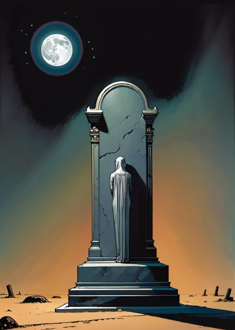 1girl,
beautiful
resting against tombstone,
dark
shadow
dim light
moonlight,
 light particles,
( by Ben Templesmith moebius )