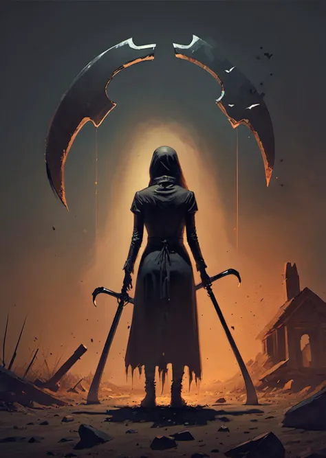 a woman in a black dress holding two large scythes in front of a house