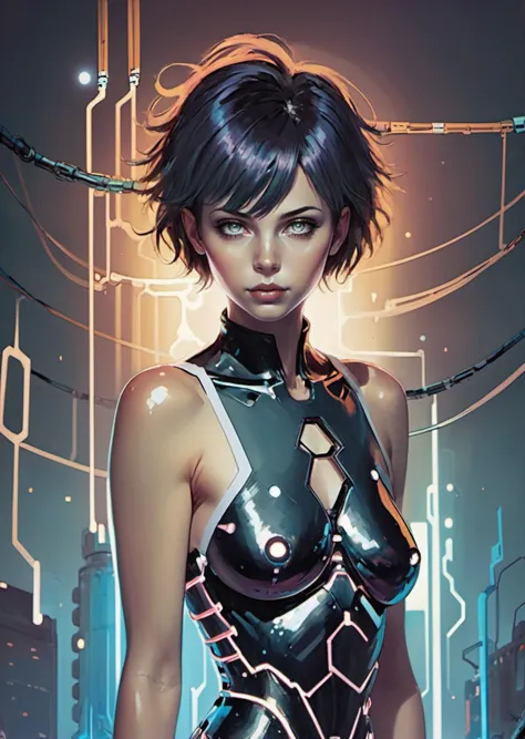 1girl
short  hair 
cyborg 
mechanical arms, 
wires  
breastplate, 
 dark background shadow 
light light particles, 
ruins factory
industrial pipe,
water drop,
gradient
(anime comic illustration concept art  by Bill Sienkiewicz  )