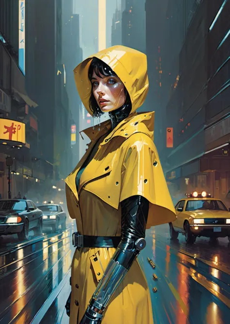 1 female,
sad
(wide shot, side looking at viewer,  from above, )
bob cut, 
yellow raincoat
collared shirt, 
rain drops
(cybernetic, 
mechanical parts, 
cyborg)
 glowing
shadow
dramatic lighting
rim light
surreal
 blade runner, 
  gradient novel illustration, 
(by  John Berkey Alessio Albi )