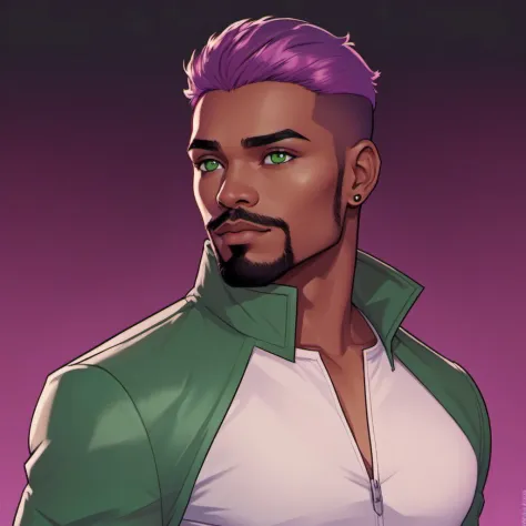 solo, 1boy, male focus, green eyes, light purple hair, stubble, goatee, maroon background, dark skinned male, tan skin, looking at viewer, lips, shirt, jacket, hyur, specular highlights, gradient