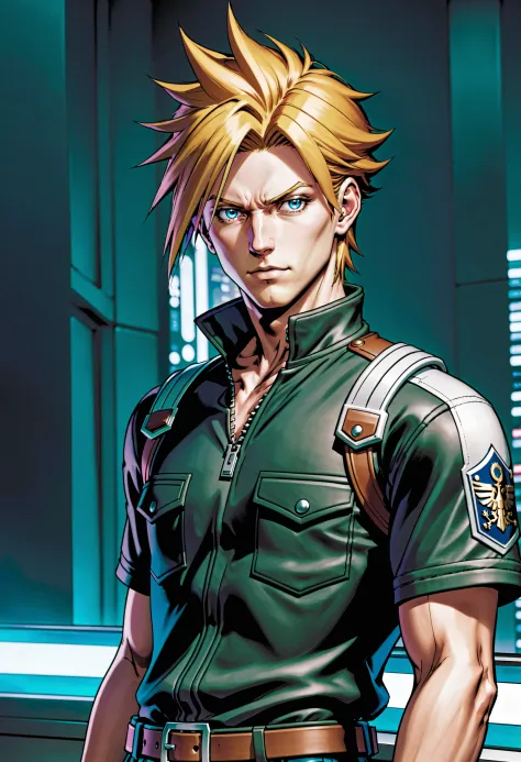 1boy, male focus,  Cloud Strife from Final Fantasy 7, FBI headquarters, indoors,