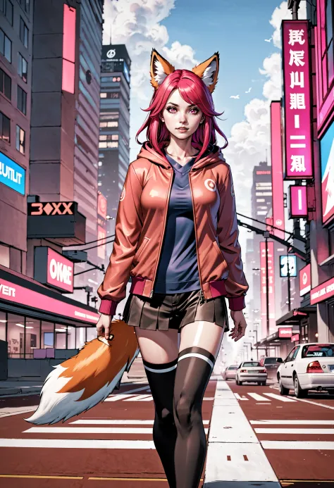 1girl, magenta, peach, medium hair, bedroom, indoors, semi realistic , pedestrian crossing, kitsune, fox girl