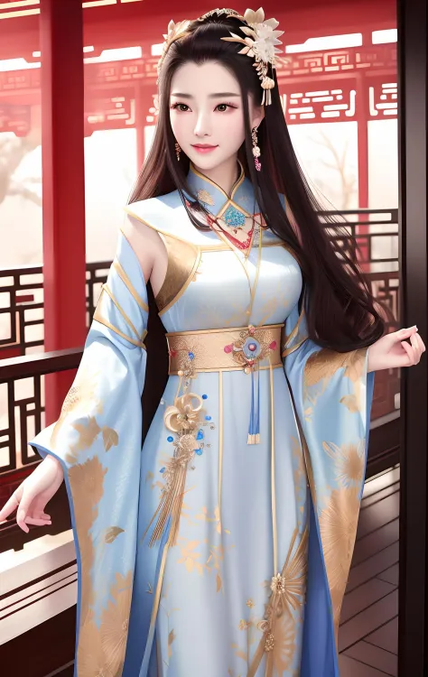 best quality, masterpiece, highres, 1girl,china dress,Beautiful face, hair ornament, solo,looking at viewer,smile,closed mouth,lips, dress,hair ornament, necklace, jewelry, long hair, earrings, chinese clothes, architecture,east asian architecture  <lora:GuoFeng2_Lora:1.5>