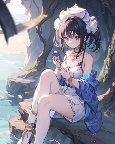 1girl,<lora:iris:1>,sitting,holding smartphone