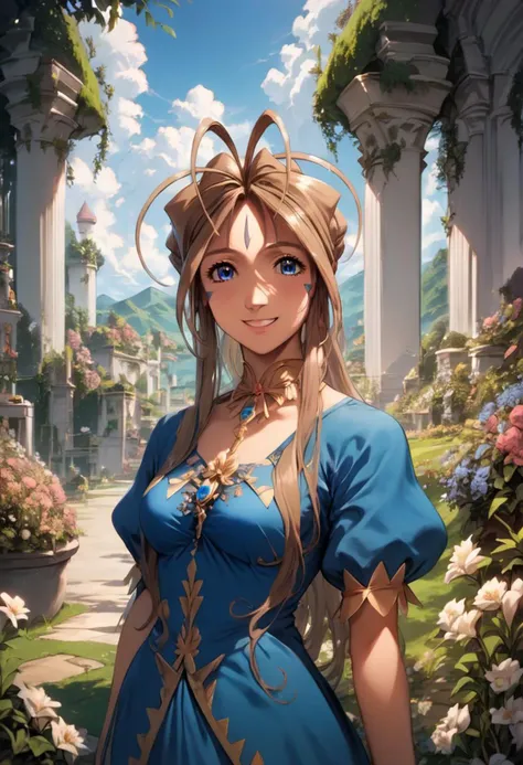 score_9, score_8_up, score_7_up, belldandy, smile, blue dress, jewelry, cowboy shot, garden, outdoors, mansion, flowers, sky,  (...