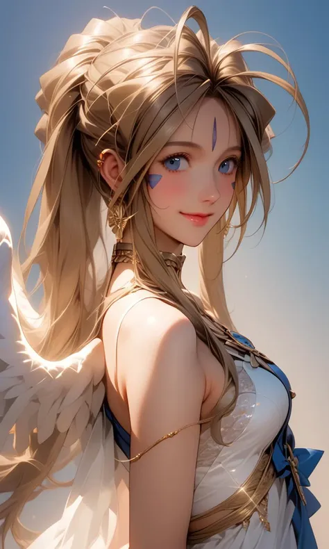 score_9, score_8_up, score_7_up, score_6_up, masterpiece, ultra detailed, best quality, source_anime, Expressiveh, BREAK, 1girl, smile, closed mouth, (Belldandy), white sleeveless dress, dress, feathered wings, golden choker, jewelry, earrings, simple background, from front, portrait, upper body, (detailed face, detailed eyes), delicate features, soft lighting, warm colors
