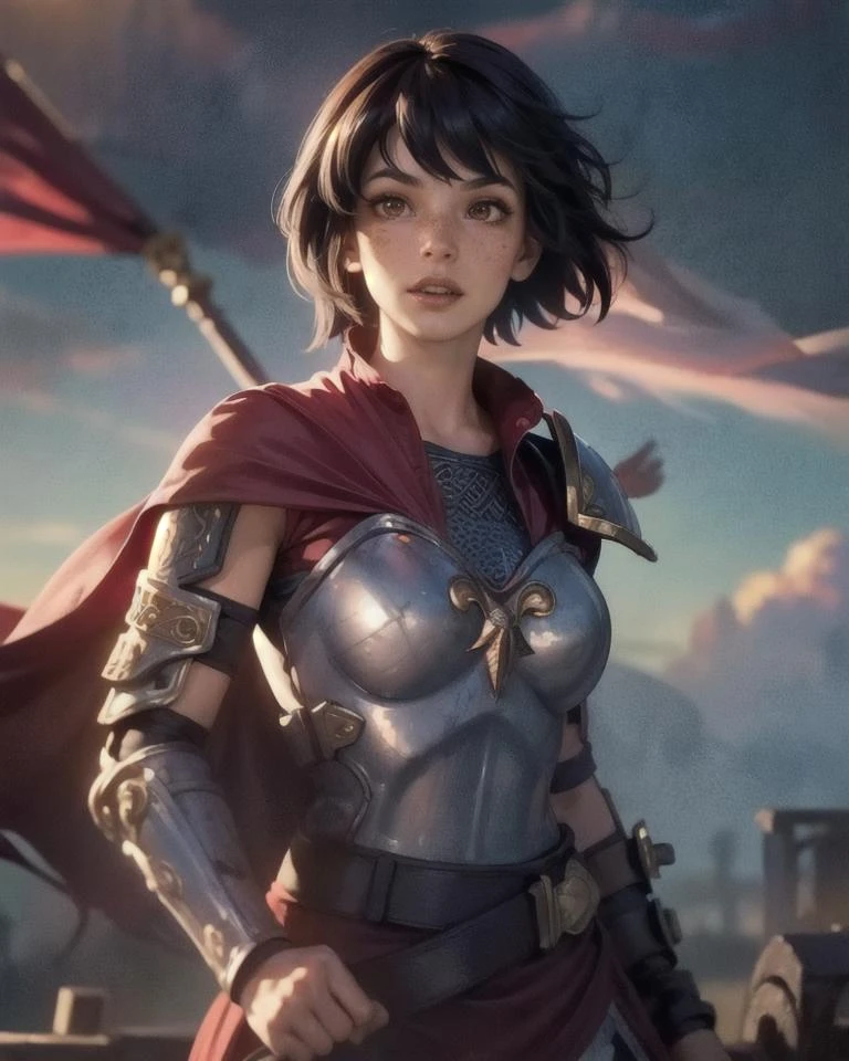 (masterpiece, best quality:1.3), bellonasmite, 1girl, red eyes, open mouth, bangs, freckles, smirk, armor, breastplate, lips, shoulder armor, red cape, solo, looking_at_viewer, lips, outdoors, sky, battle, clouds, blood, war, army, flag