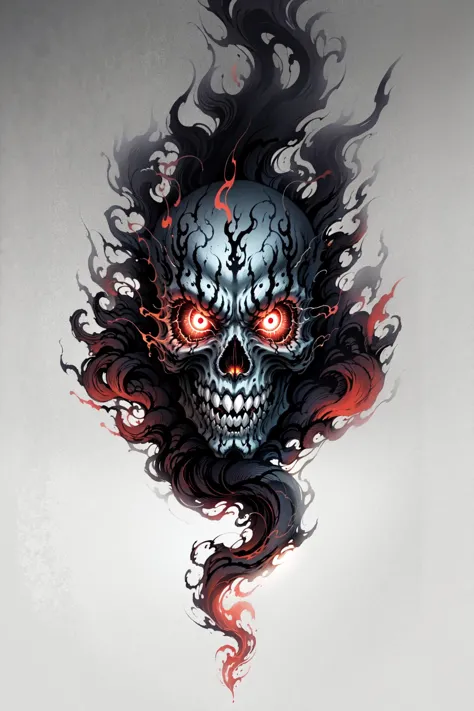 a skull with flames and a long tail on it