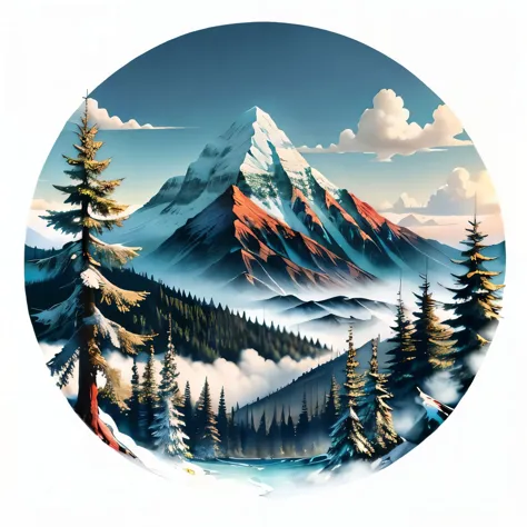 a painting of a mountain scene with pine trees and a snow covered mountain