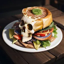 there is a sandwich with a skull on it on a plate