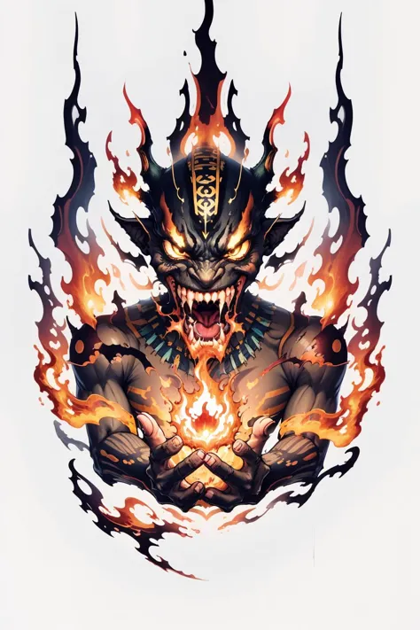 a drawing of a demon with flames on his face