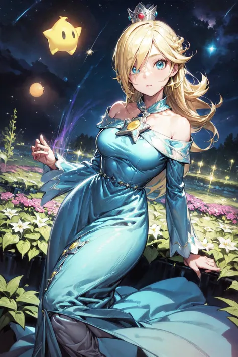 thick outlines, comics, photorealistic, 1girl, solo, <lora:RosalinaV3:0.9>, IncrsRsln, blonde hair, hair over one eye, RslnDef, crown, bare shoulders, off-shoulder dress, long sleeves, blue dress, long dress, aqua dress, space, stars, planets, garden, detailed background, detailed face, detailed eyes, <lora:add_detail:0.7>