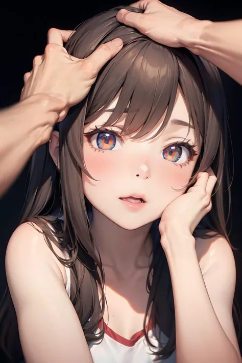 anime girl with long brown hair and blue eyes touching her head