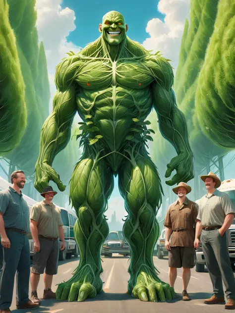 a group of men standing around a giant green monster