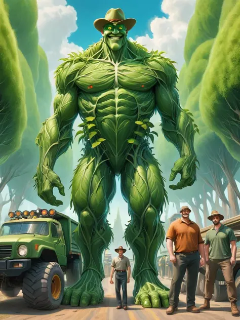 1giant green plant man,1woman, smile, 1man, hat, outdoors, multiple men, sky, day, 2men, grin, colored skin, traditional media, parody, ground vehicle, motor vehicle, car, green skin, truck, giant green man standing in background, humongous green plant man in background, extremely detailed, mystical, focused  <lora:wrenchsfantasy:0.8> wrenchsfantasy, fantasy, glowing, glowing eyes <lora:Giantess_World_XL:0.8> mesogts, macrogts <lora:tranzp:0.8> tranzp