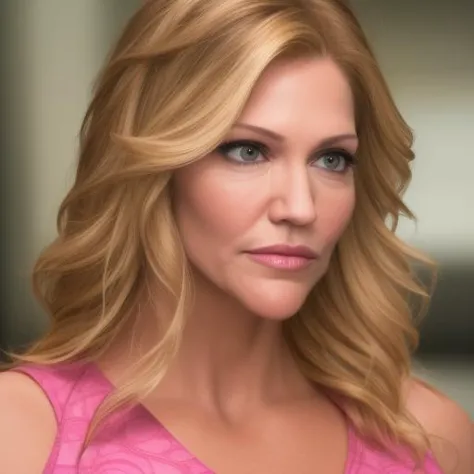 a close up of a woman with blonde hair and a pink dress